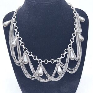Vintage Silver Tone Pearl‎ Teardrop Draped Victorian Chain Statement Necklace